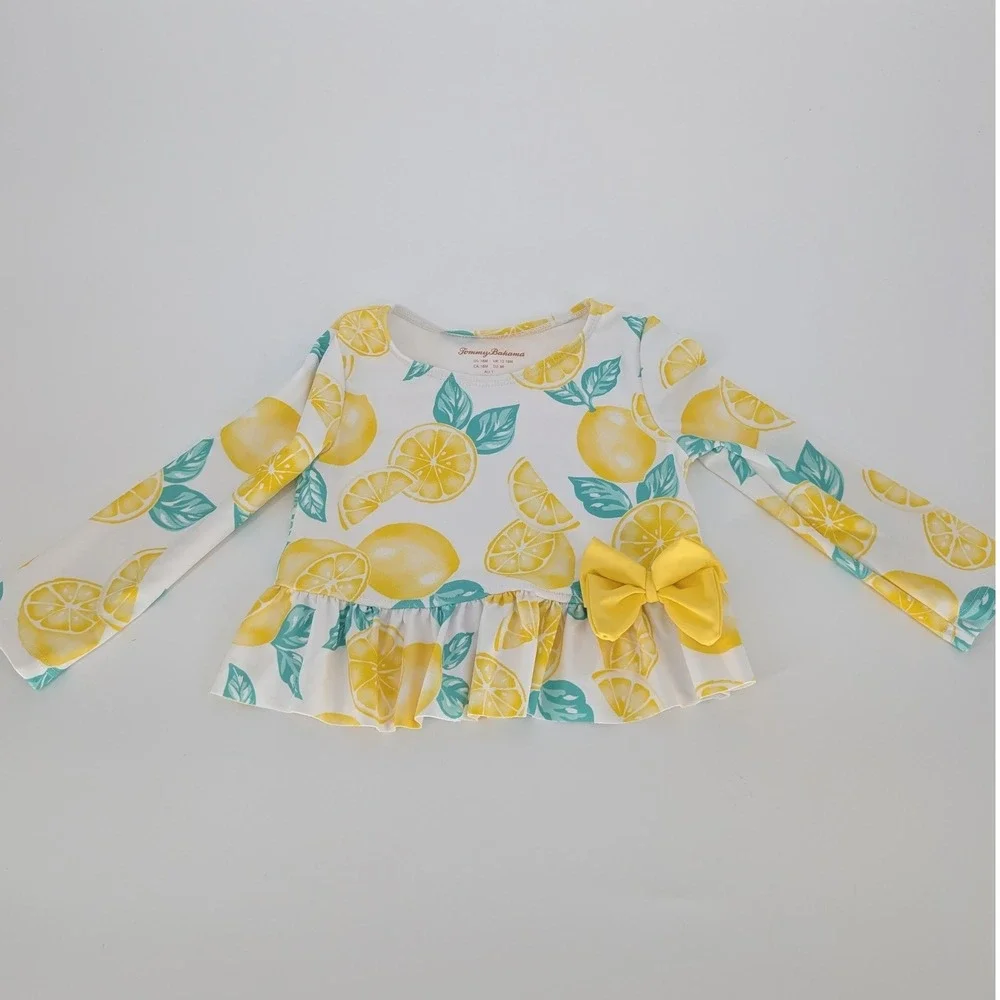 Lot of 2 Rash Guards Toddler Girl 18M Yellow Pink Floral Lemon Swim Cottage Cute